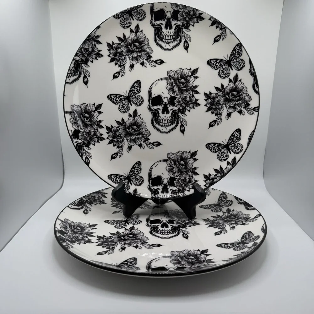 Zrike Brands Skull Flowers Butterfly Black White 10.5